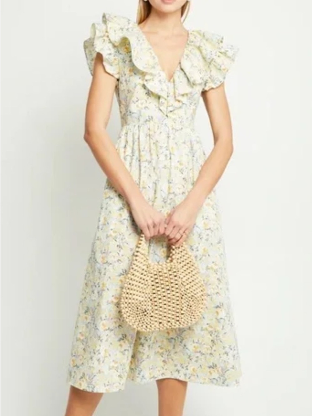 O.P.T. Womans Floral Kate Ruffle Light Yellow Floral Ruffle Midi Dress XS